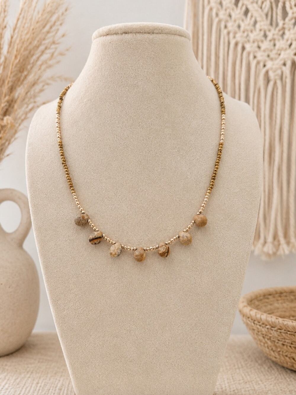 Euro Collection Bronze Beaded Stone Necklace New